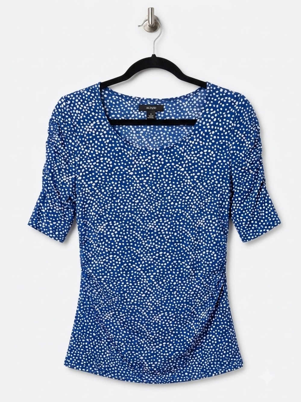 Alfani Blue White Abstract Polka Dot Ruched Short Sleeve Blouse NWOT XS